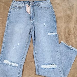 Highwaisted Straight Leg Thigh Slash Jean